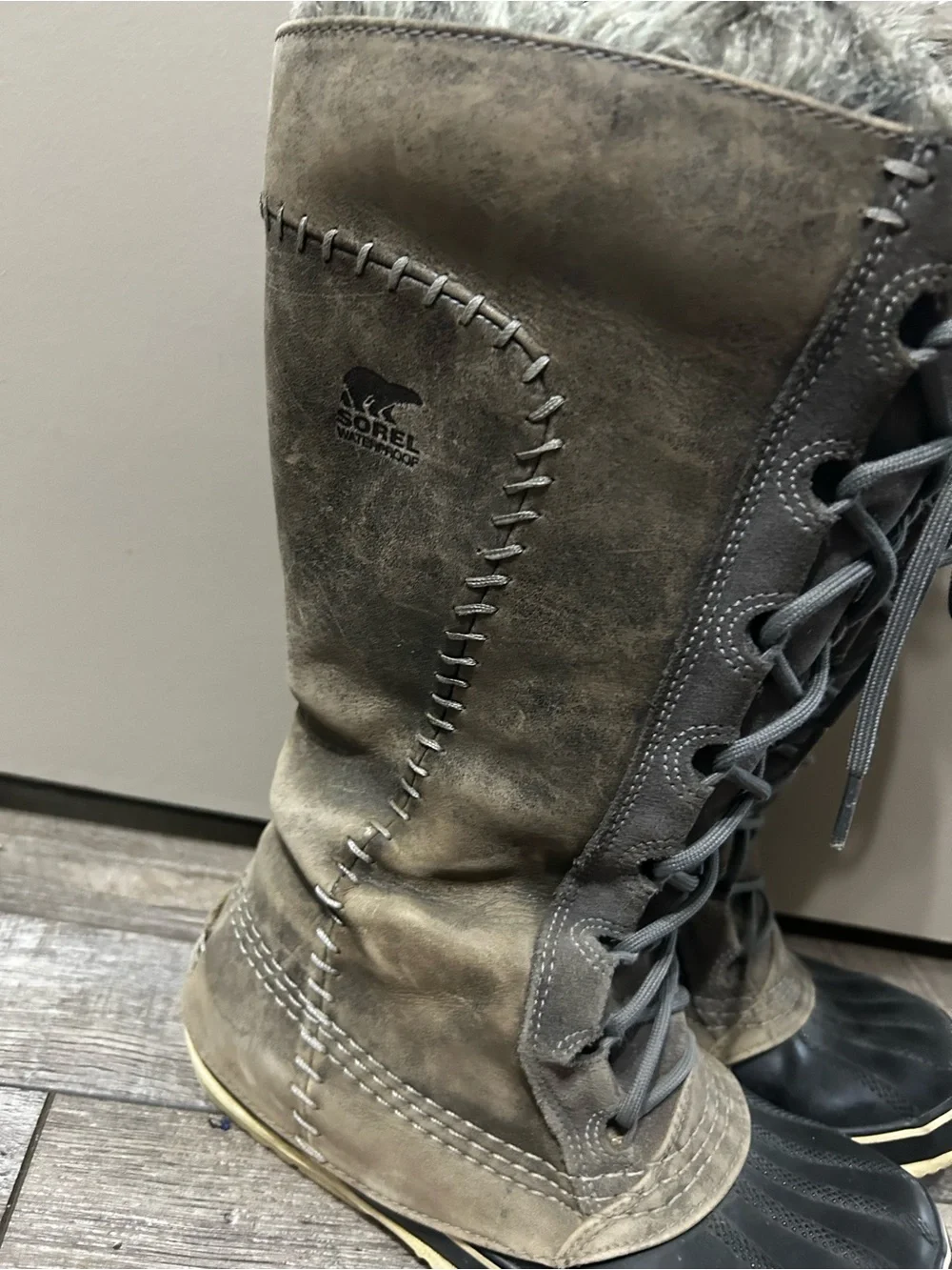 Sorel Cate The Great Tall waterproof winter snow boots faux fur lace up grey